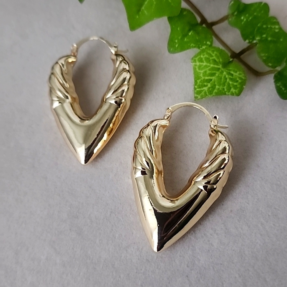 Gold Filled Puffy V Shape Hoop Earrings